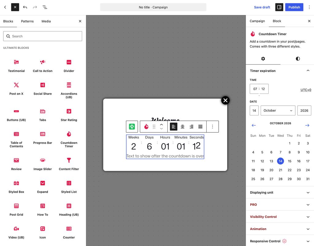 The 'Countdown Timer' block by Ultimate Blocks inside the Lightbox Popup