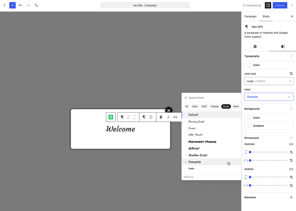 Google Fonts picker in the ConvertForce Text (CF) block