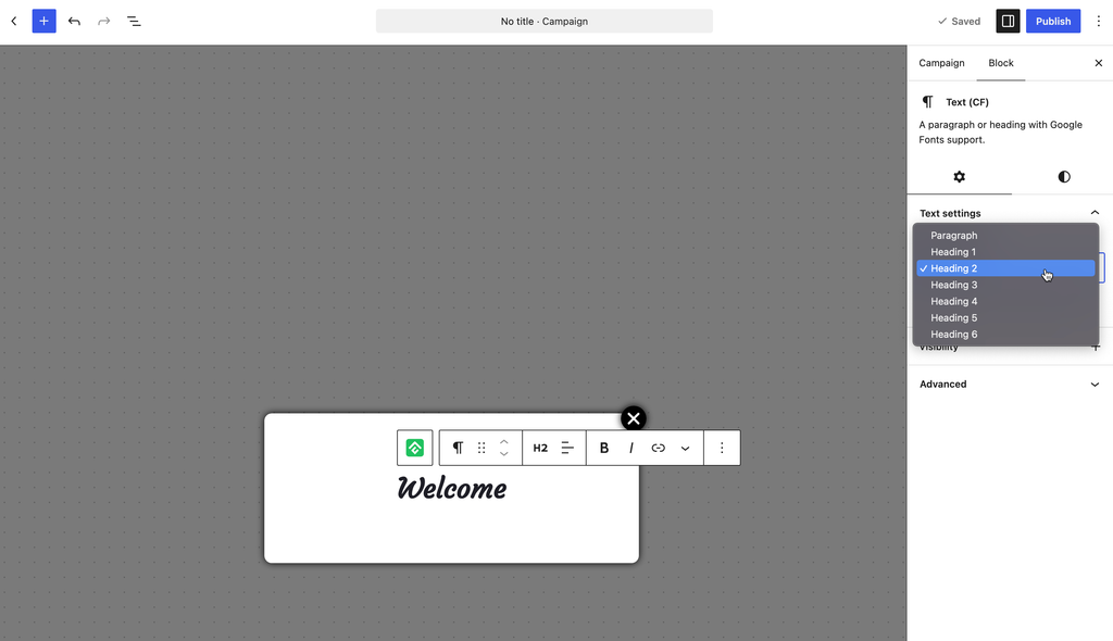 HTML Element setting in the Text (CF) block with Paragraph and Heading 1 to 6